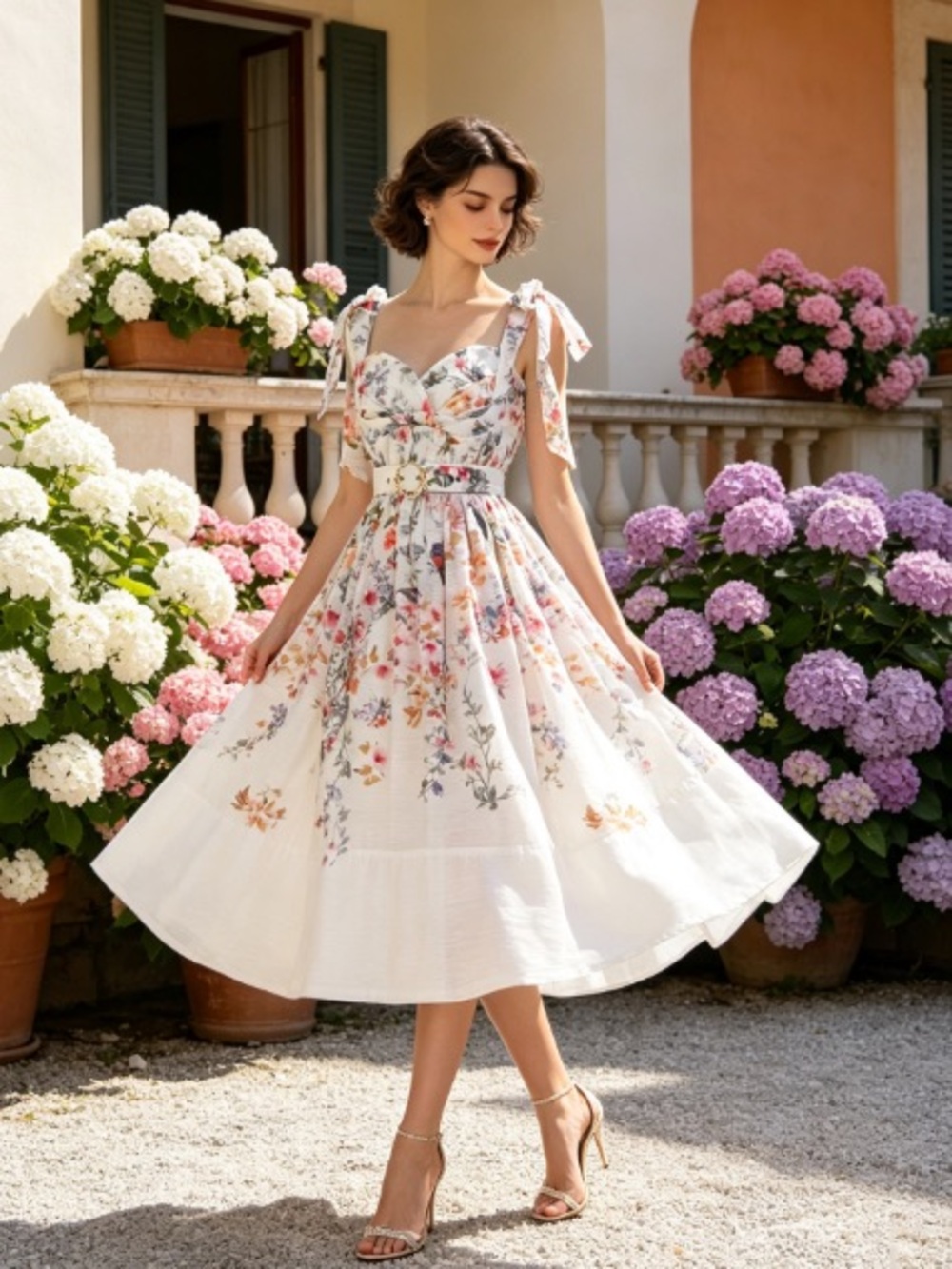 Floral Tie-Shoulder Midi Dress in White